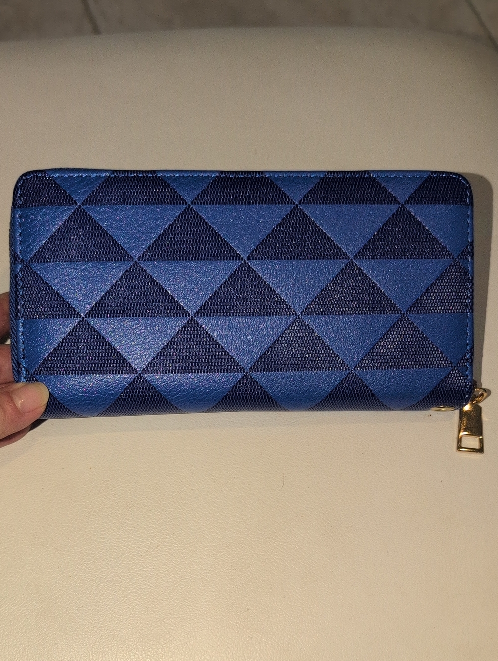 Blue Geometric Zip Wallet With Removable Wristlet Strap